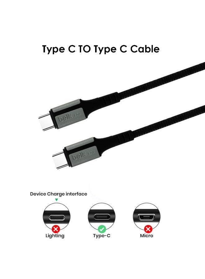 بيلك كابل Belk USB Type-C إلى Type-C بطول 3 أمتار (300 سم) يدعم الشحن السريع بقوة 60 واط ونقل البيانات بسرعة 480 ميجابت في الثانية، مصنوع من النايلون المضفر عالي المتانة، مناسب للهواتف الذكية والأجهزة اللوحية وأجهزة الكمبيوتر المحمولة وبنوك الطاقة والشواحن والملحقات. - Image 2